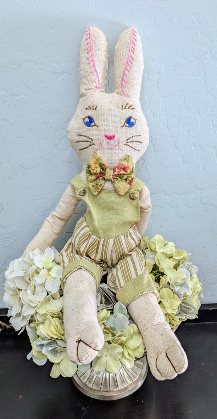 Vintage Bethany Lowe Rag Doll Boy Easter Bunny 17” Cloth Green Spring Decor